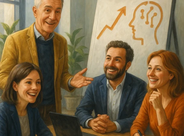 4 collaborateurs, deux hommes et deux femmes discute du changement dans leur entreprise.