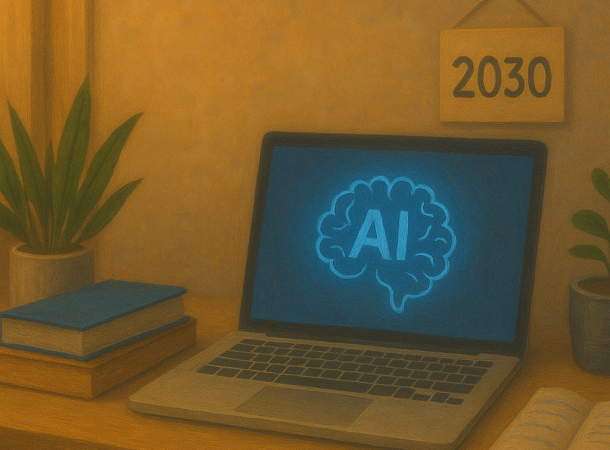 Un ordinateur sur un bureau affiche un symbole de cerveau avec marqué AI, derrière on peut voir afficher 2030